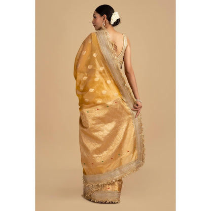 Zal from Benaras Yellow Pure Crushed Tissue Silk Banarasi Handloom Saree without Blouse