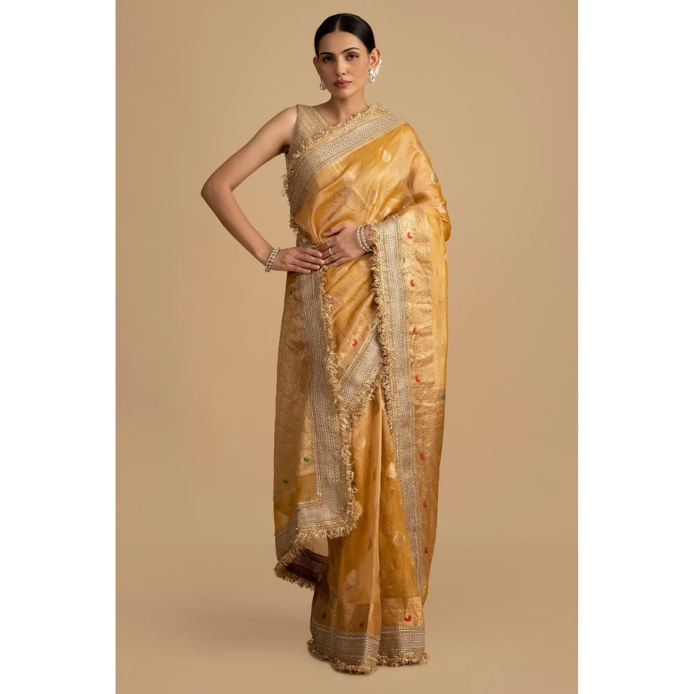 Zal from Benaras Yellow Pure Crushed Tissue Silk Banarasi Handloom Saree without Blouse