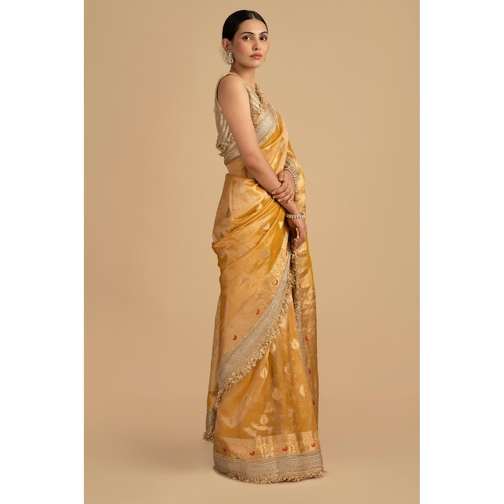 Zal from Benaras Yellow Pure Crushed Tissue Silk Banarasi Handloom Saree without Blouse