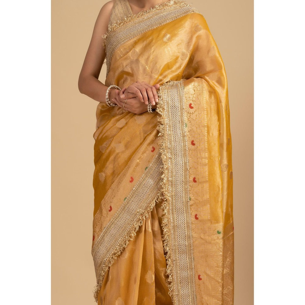 Zal from Benaras Yellow Pure Crushed Tissue Silk Banarasi Handloom Saree without Blouse