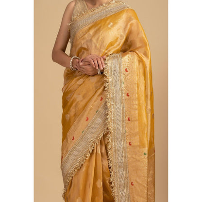 Zal from Benaras Yellow Pure Crushed Tissue Silk Banarasi Handloom Saree without Blouse