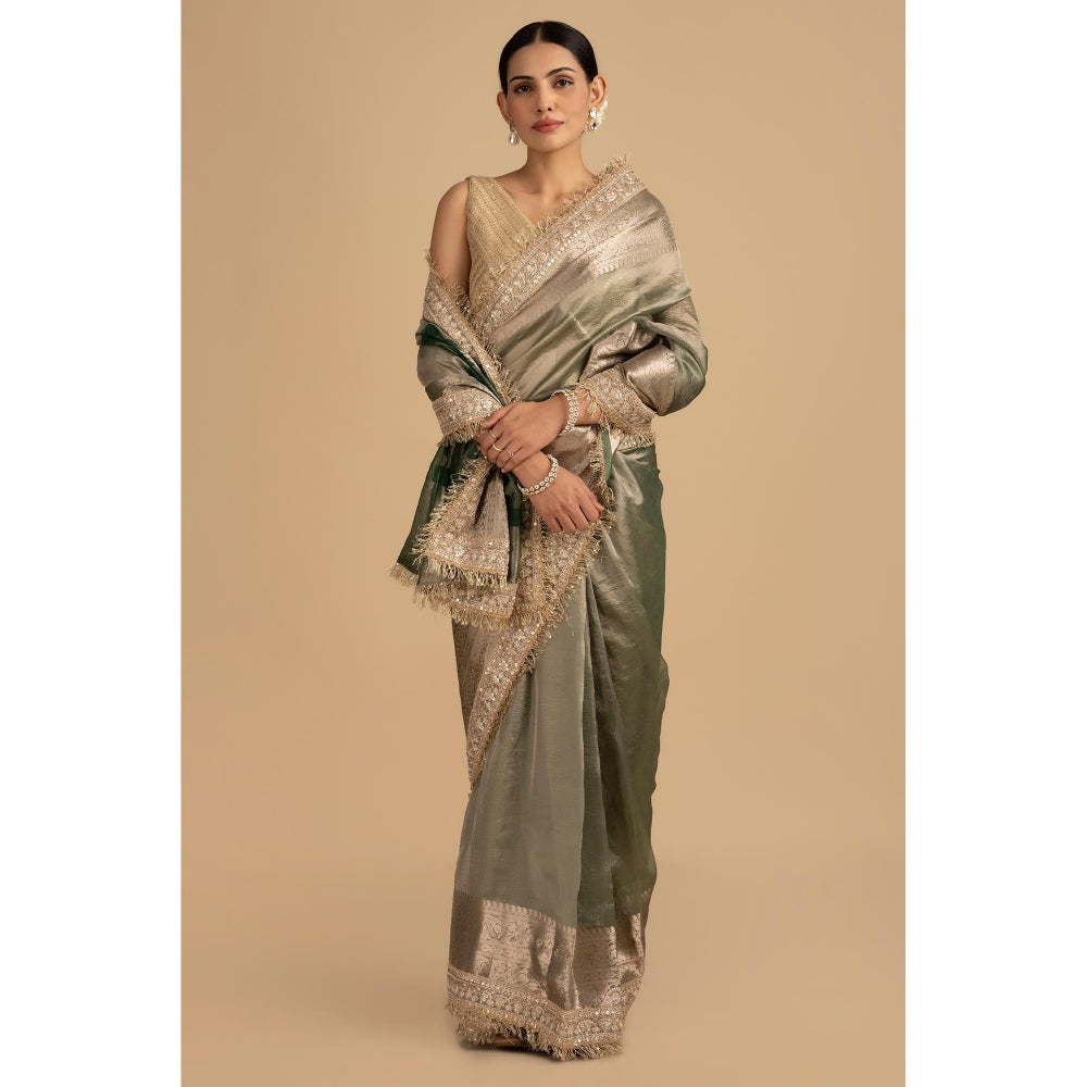 Zal from Benaras Green Shade Crushed Tissue Silk Banarasi Handloom Saree without Blouse