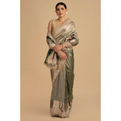 Zal from Benaras Green Shade Crushed Tissue Silk Banarasi Handloom Saree without Blouse