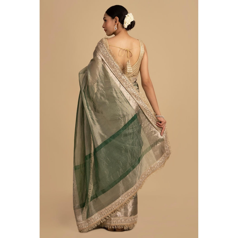 Zal from Benaras Green Shade Crushed Tissue Silk Banarasi Handloom Saree without Blouse