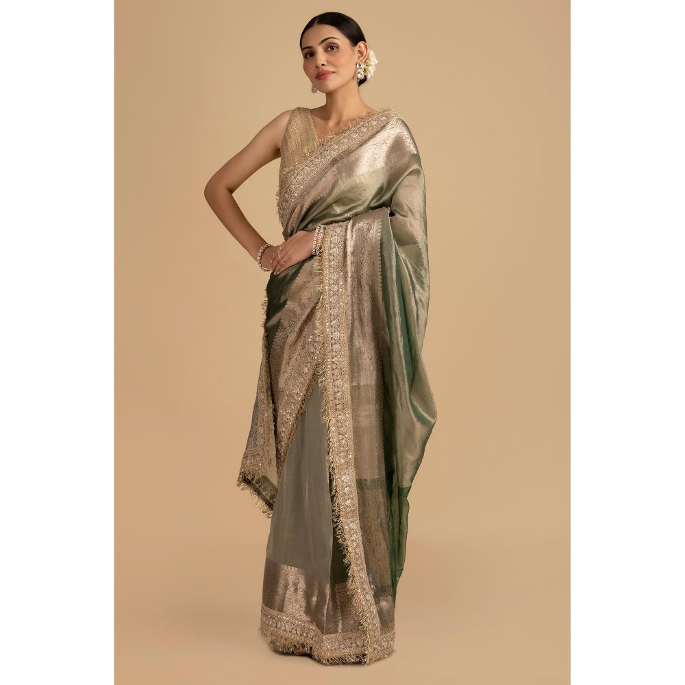 Zal from Benaras Green Shade Crushed Tissue Silk Banarasi Handloom Saree without Blouse