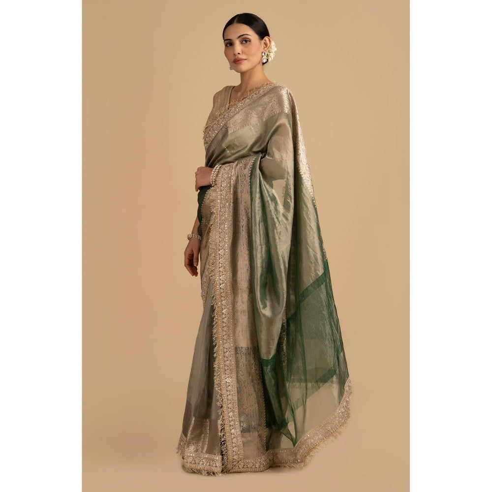 Zal from Benaras Green Shade Crushed Tissue Silk Banarasi Handloom Saree without Blouse