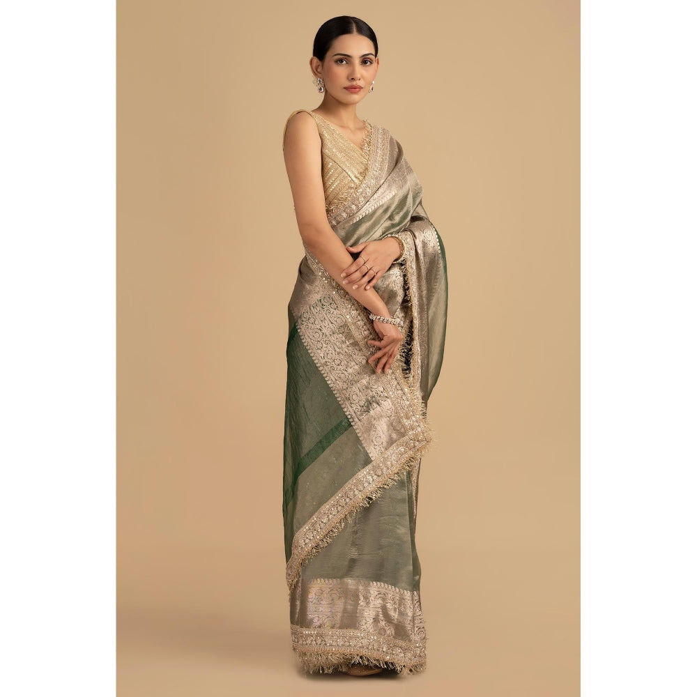 Zal from Benaras Green Shade Crushed Tissue Silk Banarasi Handloom Saree without Blouse