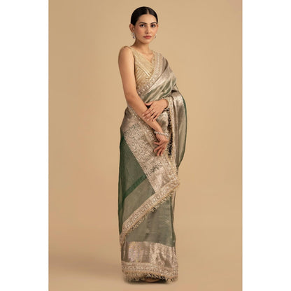 Zal from Benaras Green Shade Crushed Tissue Silk Banarasi Handloom Saree without Blouse