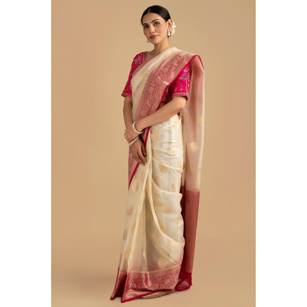Zal from Benaras White Kora Organza Silk Banarasi Handloom Saree without Blouse