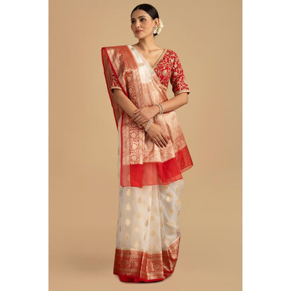 Zal from Benaras Red Kora Organza Silk Banarasi Handloom Saree without Blouse