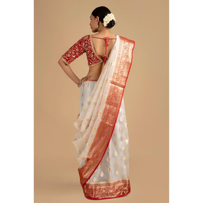 Zal from Benaras Red Kora Organza Silk Banarasi Handloom Saree without Blouse