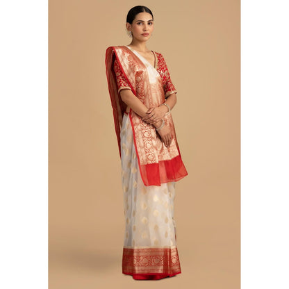 Zal from Benaras Red Kora Organza Silk Banarasi Handloom Saree without Blouse