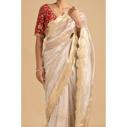 Zal from Benaras Silver Pure Tissue Silk Banarasi Hand Embroidered Saree without Blouse