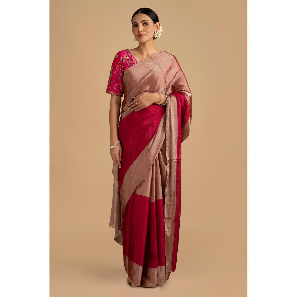 Zal from Benaras Hot Pink Pure Chanderi Tissue Handloom Saree without Blouse