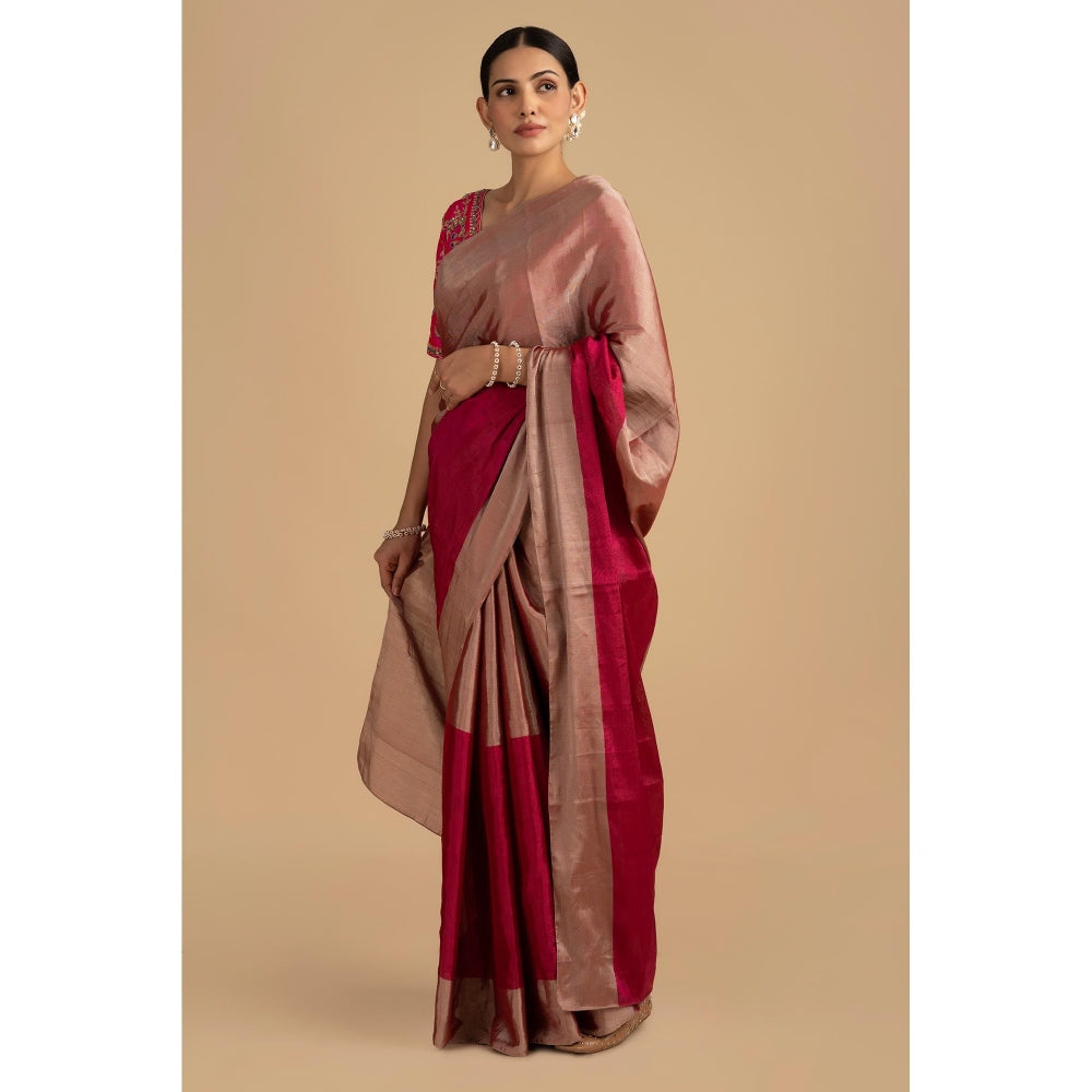 Zal from Benaras Hot Pink Pure Chanderi Tissue Handloom Saree without Blouse