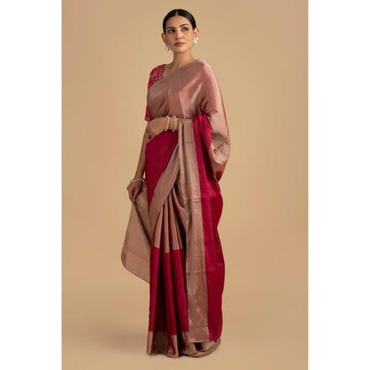 Zal from Benaras Hot Pink Pure Chanderi Tissue Handloom Saree without Blouse