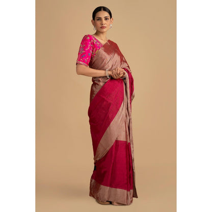 Zal from Benaras Hot Pink Pure Chanderi Tissue Handloom Saree without Blouse