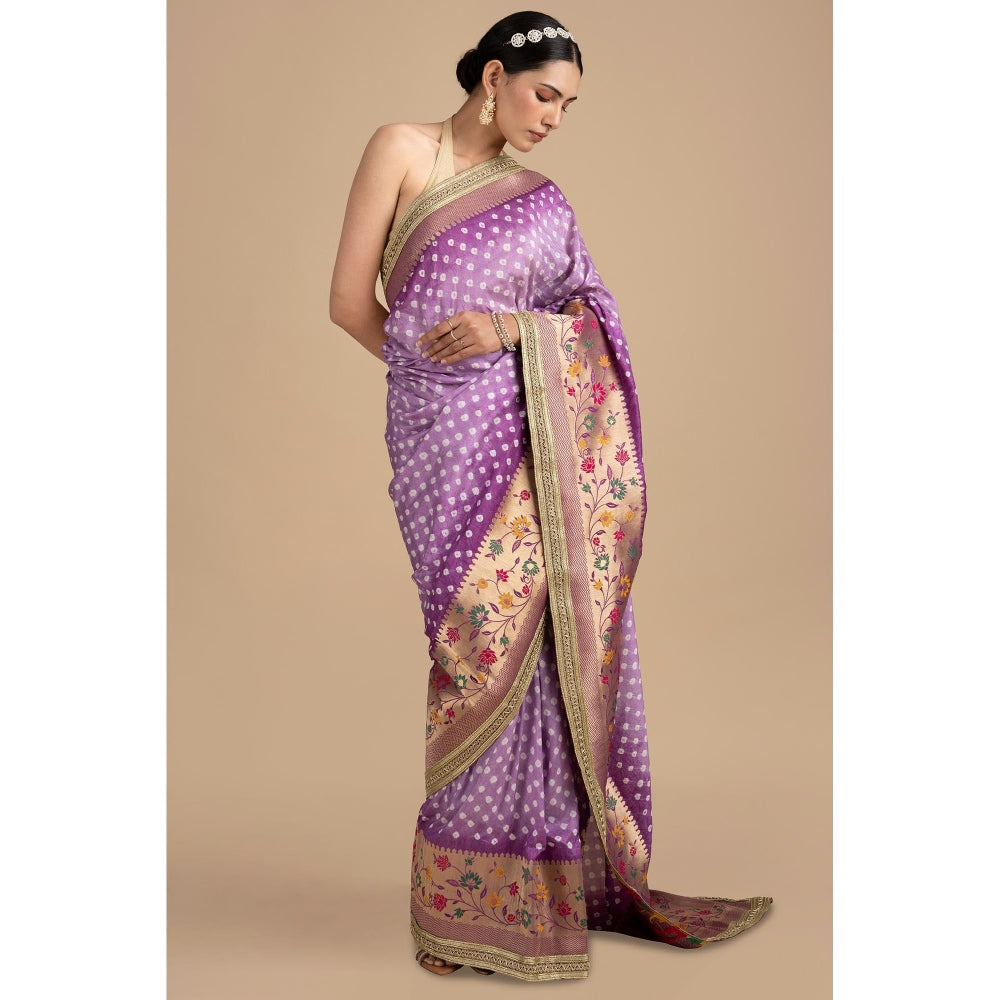 Zal from Benaras Purple Pure Silk Bandhani Handloom Saree without Blouse