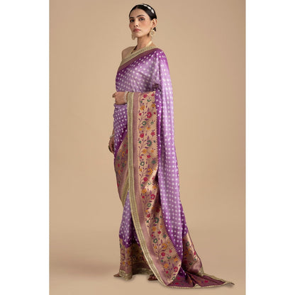 Zal from Benaras Purple Pure Silk Bandhani Handloom Saree without Blouse