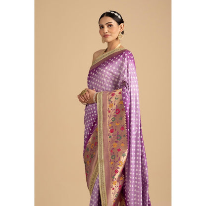 Zal from Benaras Purple Pure Silk Bandhani Handloom Saree without Blouse