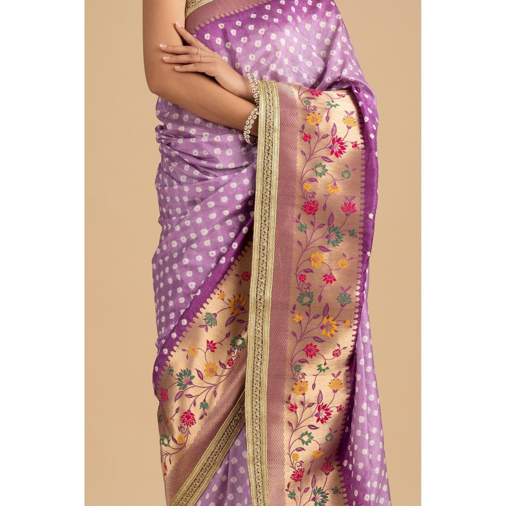 Zal from Benaras Purple Pure Silk Bandhani Handloom Saree without Blouse