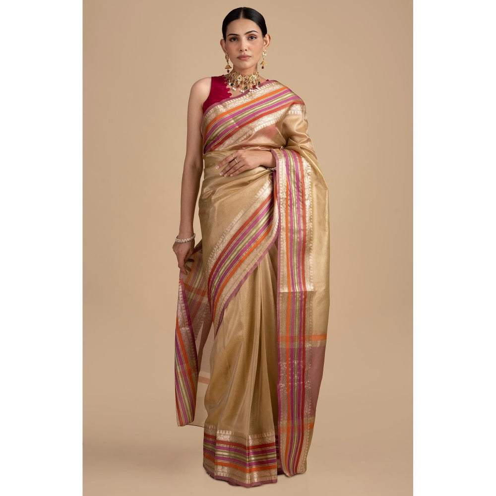 Zal from Benaras Beige Pure Tissue Silk Banarasi Handloom Saree without Blouse