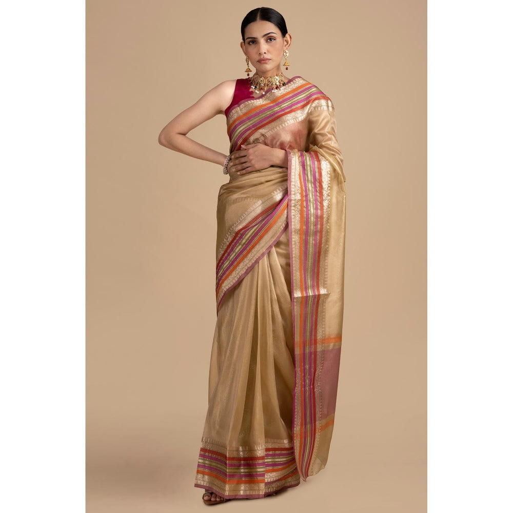 Zal from Benaras Beige Pure Tissue Silk Banarasi Handloom Saree without Blouse