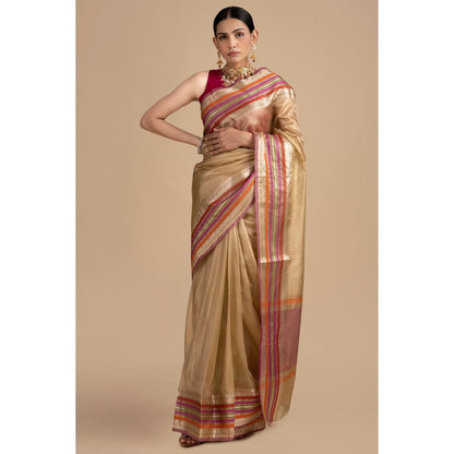 Zal from Benaras Beige Pure Tissue Silk Banarasi Handloom Saree without Blouse
