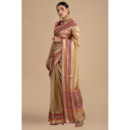 Zal from Benaras Beige Pure Tissue Silk Banarasi Handloom Saree without Blouse