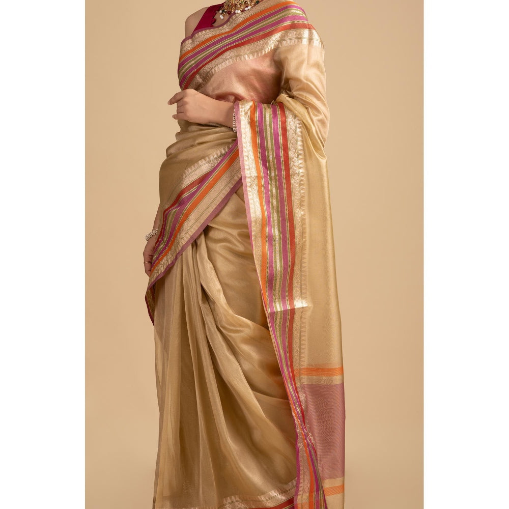 Zal from Benaras Beige Pure Tissue Silk Banarasi Handloom Saree without Blouse