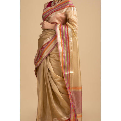 Zal from Benaras Beige Pure Tissue Silk Banarasi Handloom Saree without Blouse