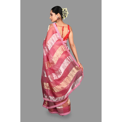 Zal from Benaras Onion Pink Pure Organza Silk Stripe Zari Saree without Blouse