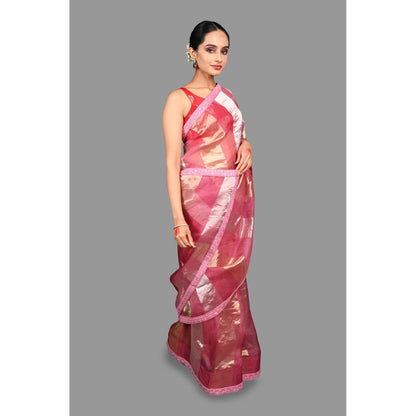 Zal from Benaras Onion Pink Pure Organza Silk Stripe Zari Saree without Blouse