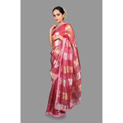 Zal from Benaras Onion Pink Pure Organza Silk Stripe Zari Saree without Blouse
