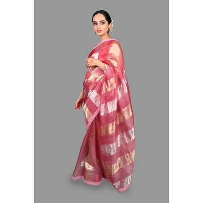 Zal from Benaras Onion Pink Pure Organza Silk Stripe Zari Saree without Blouse