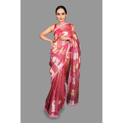 Zal from Benaras Onion Pink Pure Organza Silk Stripe Zari Saree without Blouse