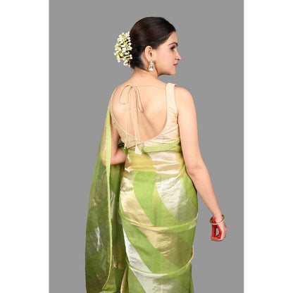 Zal from Benaras Pista Green Pure Organza Silk Stripe Zari Saree without Blouse