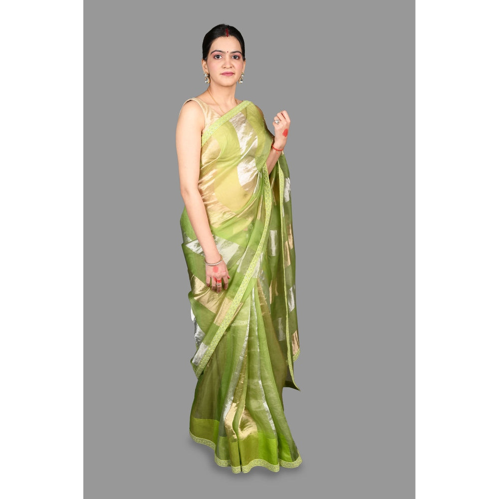 Zal from Benaras Pista Green Pure Organza Silk Stripe Zari Saree without Blouse