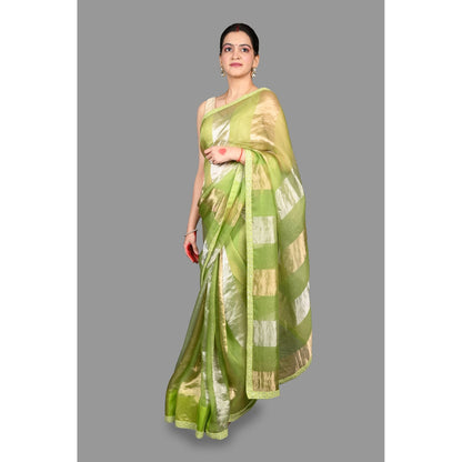 Zal from Benaras Pista Green Pure Organza Silk Stripe Zari Saree without Blouse