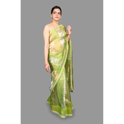 Zal from Benaras Pista Green Pure Organza Silk Stripe Zari Saree without Blouse