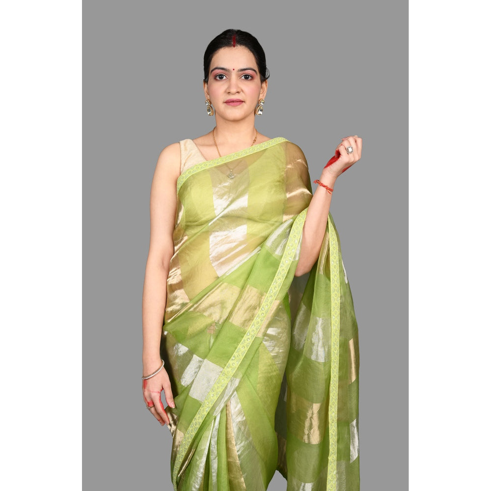 Zal from Benaras Pista Green Pure Organza Silk Stripe Zari Saree without Blouse