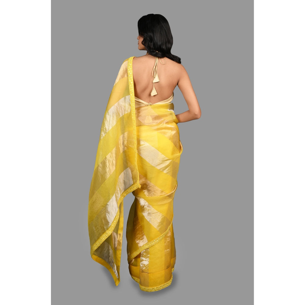 Zal from Benaras Lemon Yellow Pure Organza Silk Stripe Zari Saree without Blouse