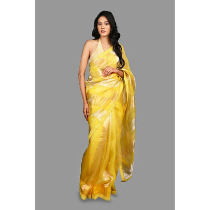 Zal from Benaras Lemon Yellow Pure Organza Silk Stripe Zari Saree without Blouse