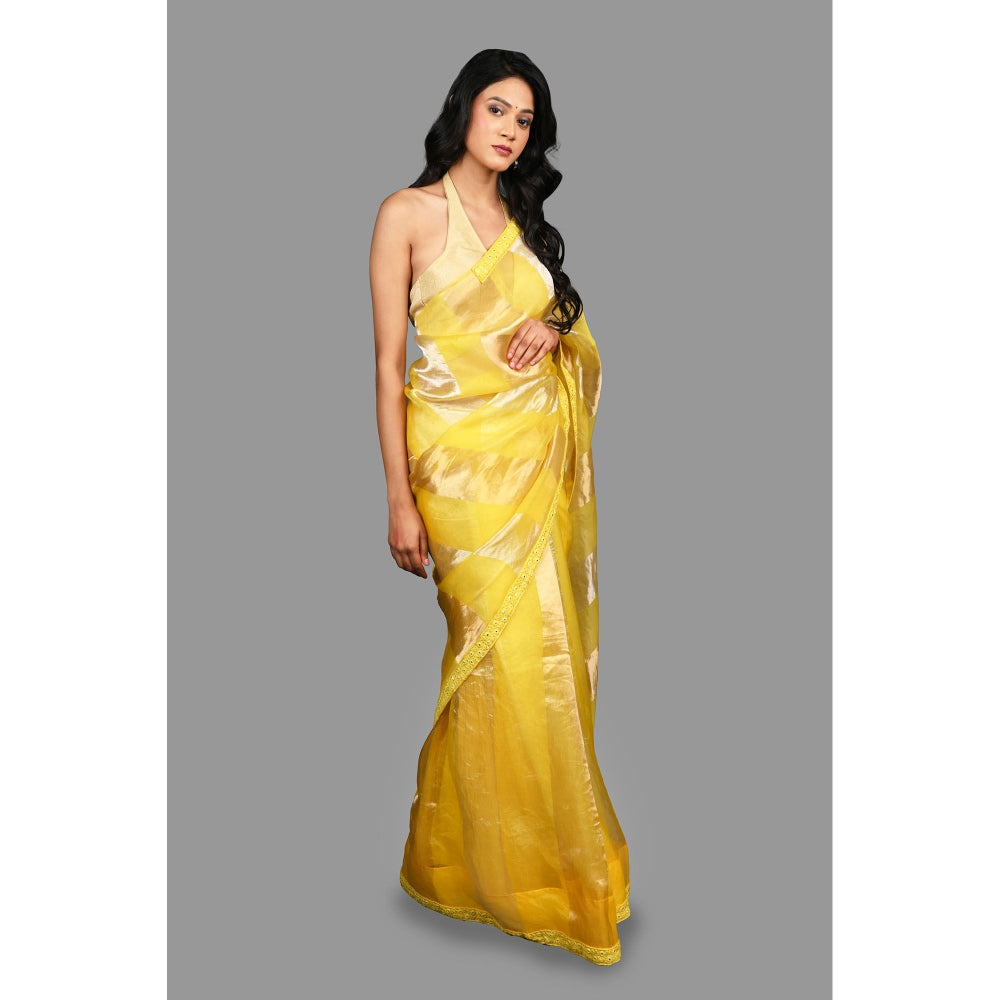 Zal from Benaras Lemon Yellow Pure Organza Silk Stripe Zari Saree without Blouse