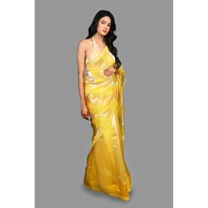 Zal from Benaras Lemon Yellow Pure Organza Silk Stripe Zari Saree without Blouse