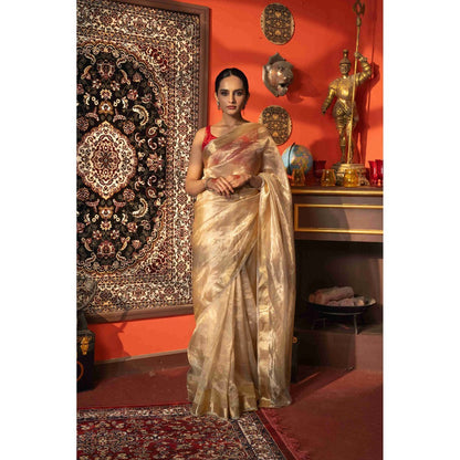 Zal from Benaras Golden Plain Pure Tissue Silk Banarasi Handloom Saree without Blouse