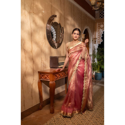 Zal from Benaras Baby Pink Pure Tissue Silk Banarasi Handloom Saree without Blouse