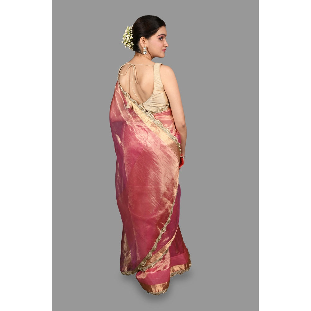 Zal from Benaras Baby Pink Pure Tissue Silk Banarasi Handloom Saree without Blouse