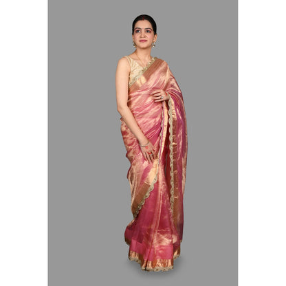 Zal from Benaras Baby Pink Pure Tissue Silk Banarasi Handloom Saree without Blouse