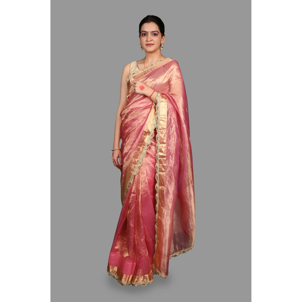 Zal from Benaras Baby Pink Pure Tissue Silk Banarasi Handloom Saree without Blouse